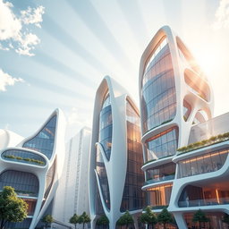 Design modern buildings of the future, featuring innovative architectural styles that showcase cutting-edge technology and creativity