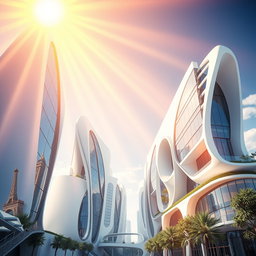 Design modern buildings of the future, featuring innovative architectural styles that showcase cutting-edge technology and creativity