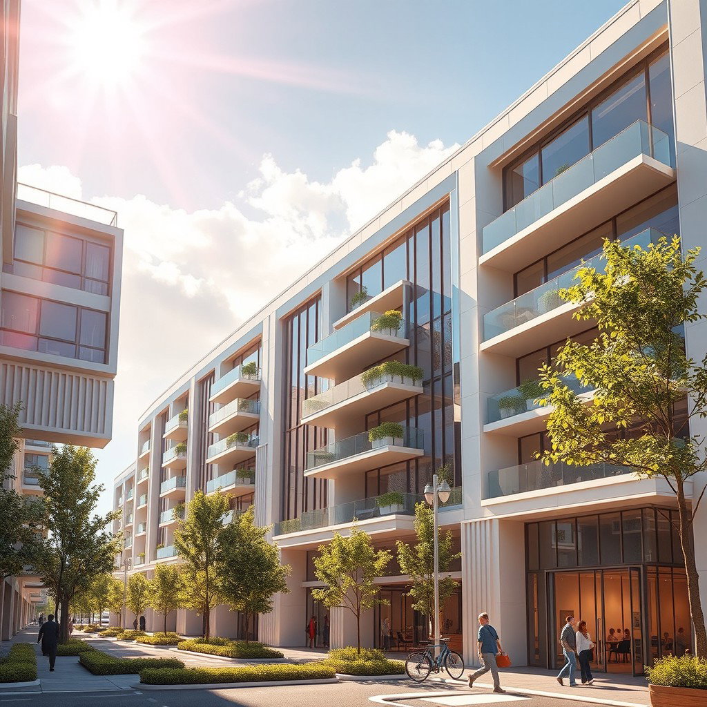 Design modern three-story buildings of the future lining a vibrant street, showcasing innovative architectural styles that represent cutting-edge design and technology