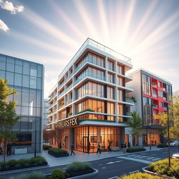 Design modern three-story buildings of the future lining a vibrant street, showcasing innovative architectural styles that represent cutting-edge design and technology