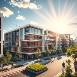 Design modern three-story buildings of the future lining a vibrant street, showcasing innovative architectural styles that represent cutting-edge design and technology
