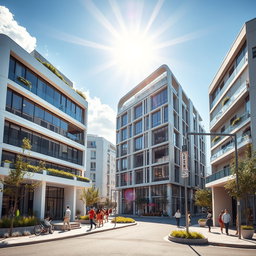 Design modern three-story buildings of the future lining a vibrant street, showcasing innovative architectural styles that represent cutting-edge design and technology