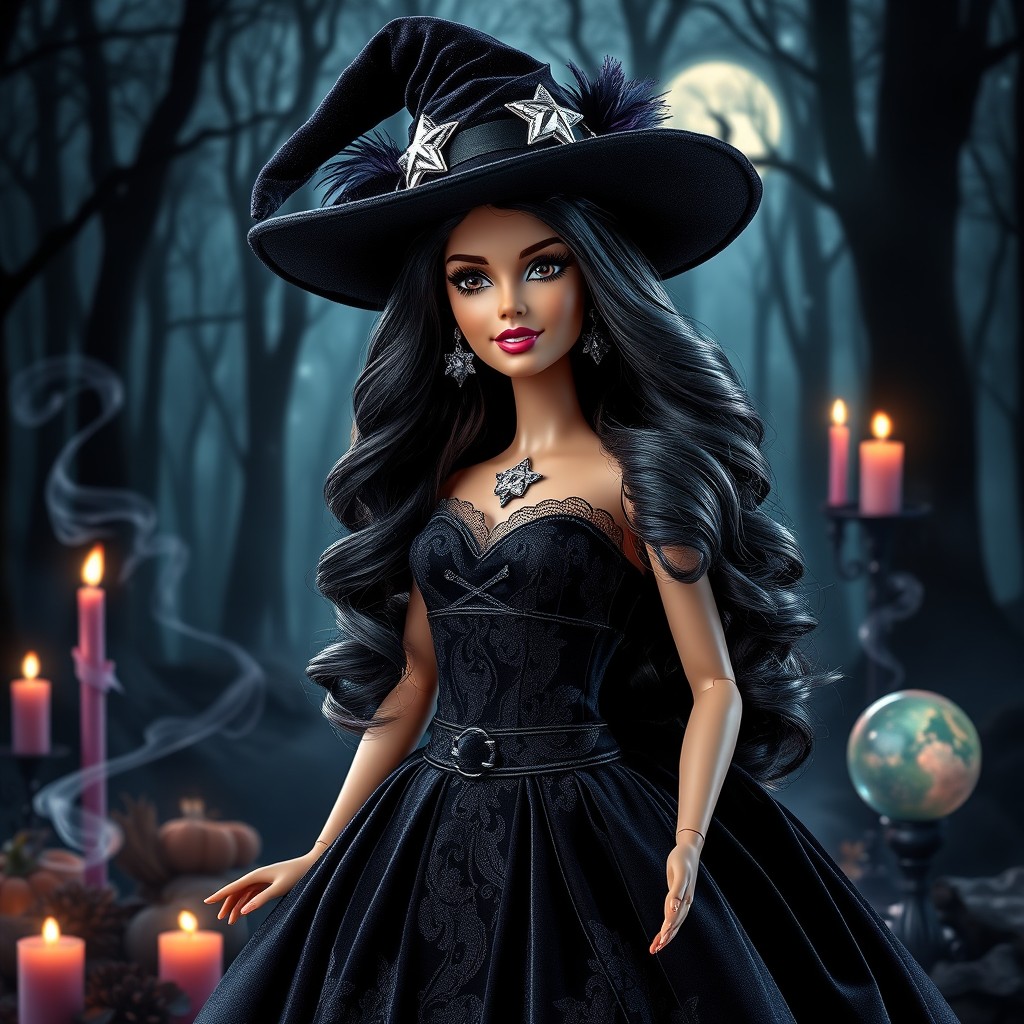 A stunning representation of a Barbie doll styled as a Salem witch, with enchanting details