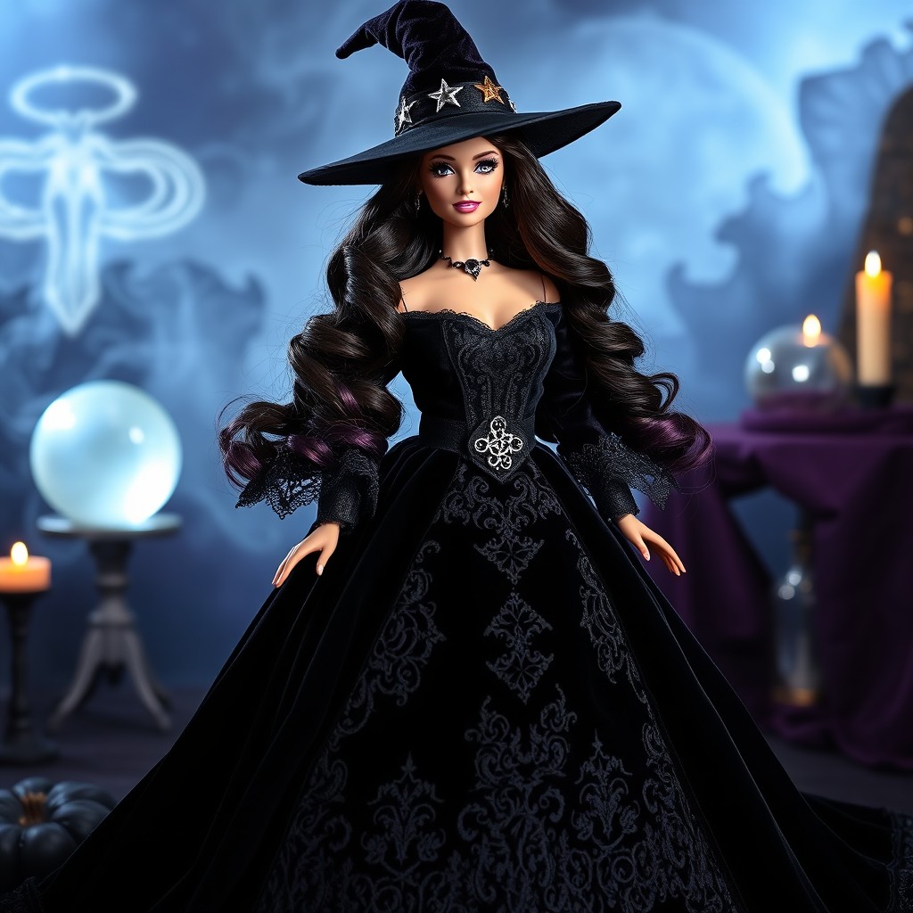 A captivating image of a Barbie doll styled as a Salem witch, showcasing her complete elegant outfit