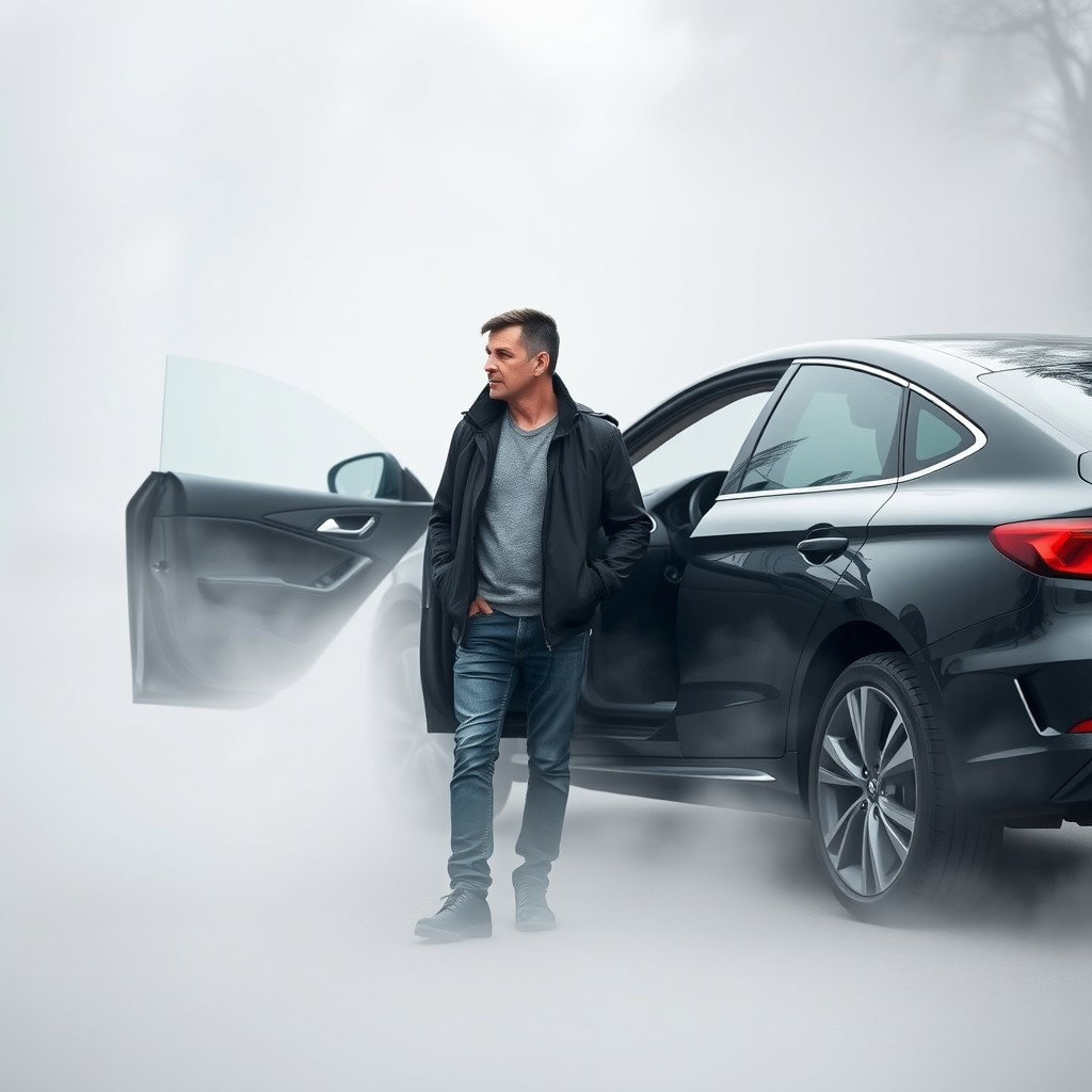 A middle-aged man, thin and of average height, casually stands beside a car with its doors open, positioned on a foggy road
