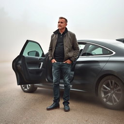 A middle-aged man, thin and of average height, casually stands beside a car with its doors open, positioned on a foggy road