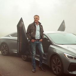 A middle-aged man, thin and of average height, casually stands beside a car with its doors open, positioned on a foggy road