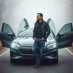 A middle-aged man, thin and of average height, casually stands beside a car with its doors open, positioned on a foggy road