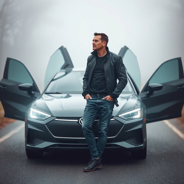 A middle-aged man, thin and of average height, casually stands beside a car with its doors open, positioned on a foggy road