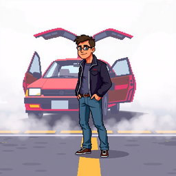 A pixel art scene featuring a middle-aged man, thin and of average height, standing beside a car with its doors open, located on a pixelated road surrounded by fog