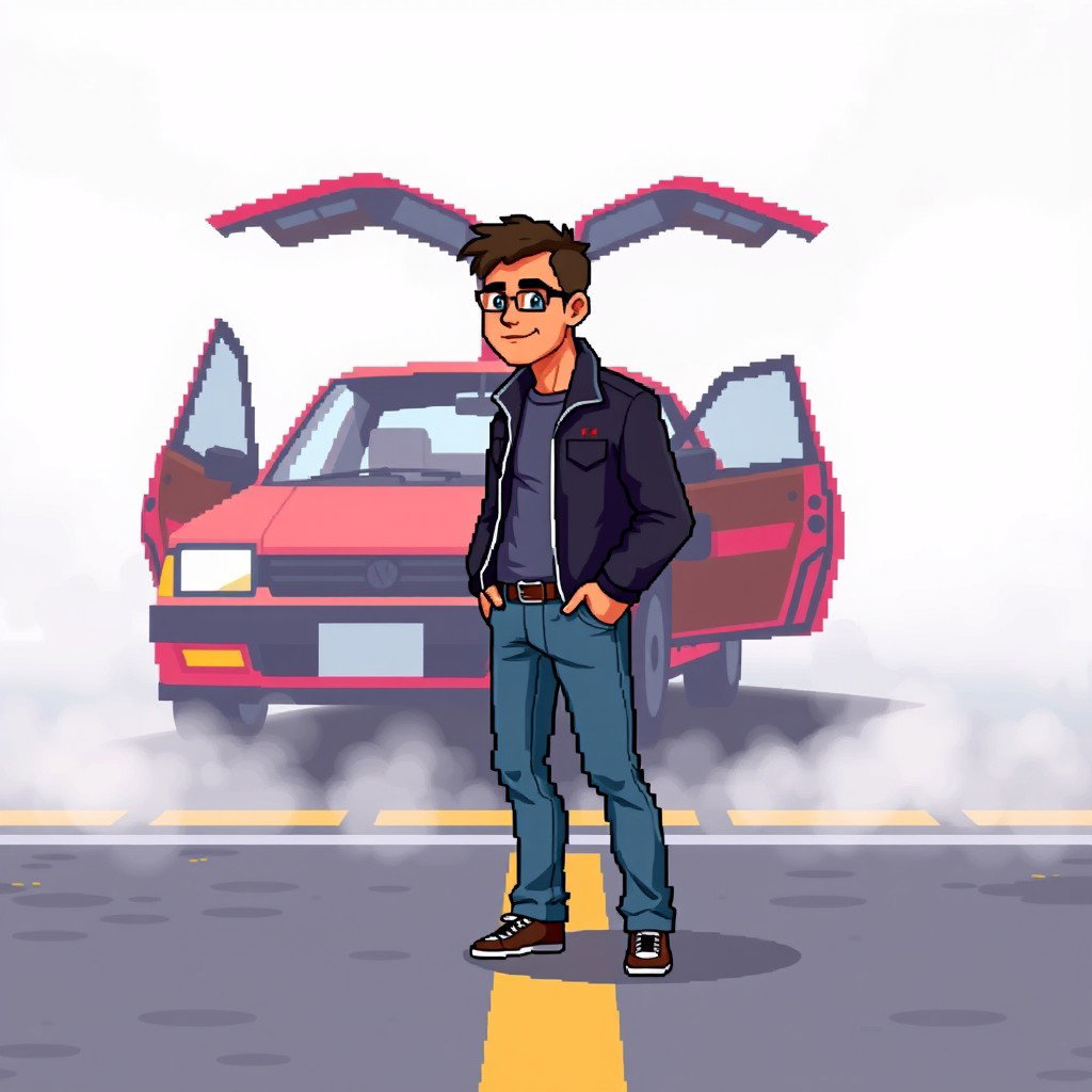 A pixel art scene featuring a middle-aged man, thin and of average height, standing beside a car with its doors open, located on a pixelated road surrounded by fog