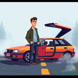 A pixel art scene featuring a middle-aged man, thin and of average height, standing beside a car with its doors open, located on a pixelated road surrounded by fog
