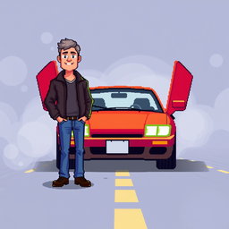 A pixel art scene featuring a middle-aged man, thin and of average height, standing beside a car with its doors open, located on a pixelated road surrounded by fog