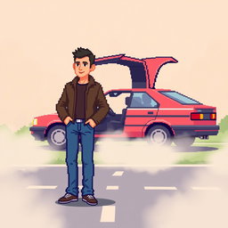 A pixel art scene featuring a middle-aged man, thin and of average height, standing beside a car with its doors open, located on a pixelated road surrounded by fog