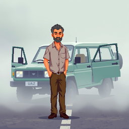 A pixel art scene depicting a middle-aged man, thin and of average height, standing beside a UAZ car with its doors open