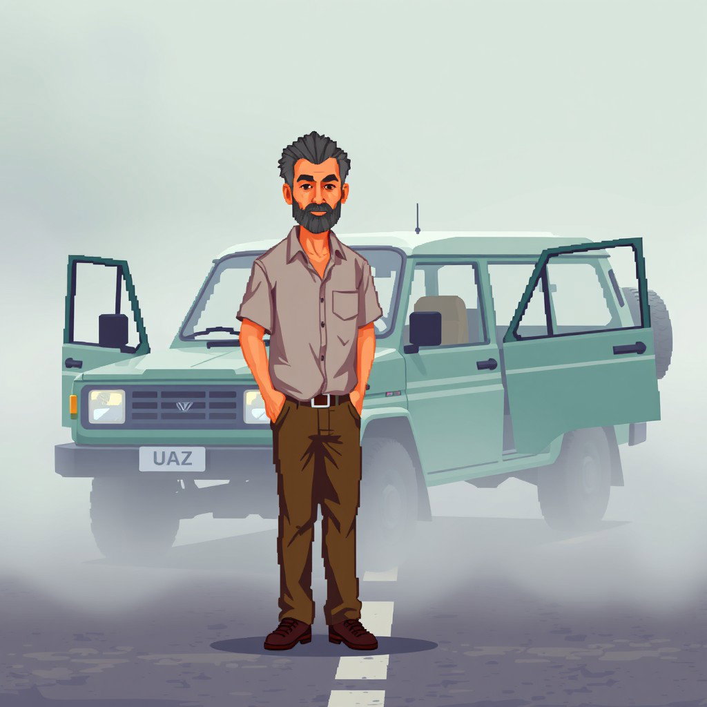 A pixel art scene depicting a middle-aged man, thin and of average height, standing beside a UAZ car with its doors open