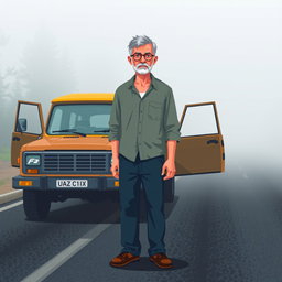 A pixel art scene depicting a middle-aged man, thin and of average height, standing beside a UAZ car with its doors open