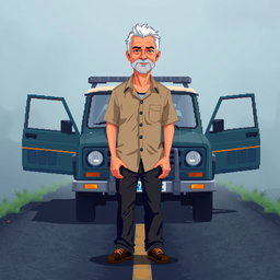 A pixel art scene depicting a middle-aged man, thin and of average height, standing beside a UAZ car with its doors open