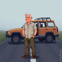 A pixel art scene depicting a middle-aged man, thin and of average height, standing beside a UAZ car with its doors open