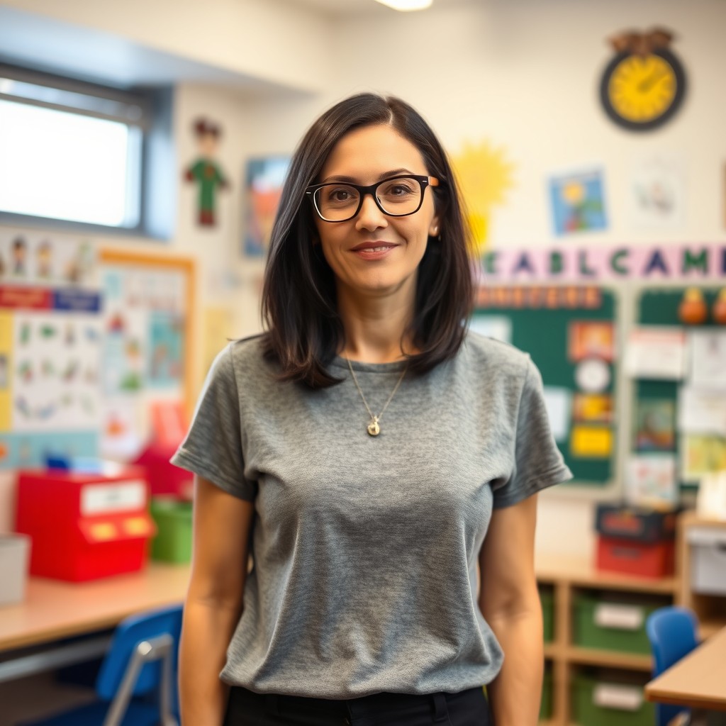 A tall Irish teacher in her late thirties with striking black hair and stylish glasses, dressed in a simple yet elegant plain grey t-shirt