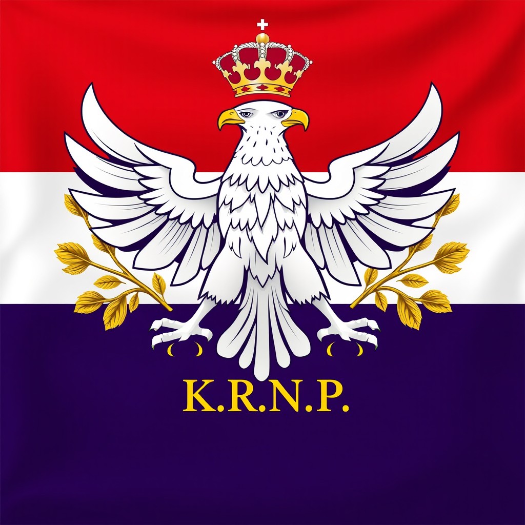 A flag design featuring a prominent white eagle centered in the middle, adorned with a crown on each side