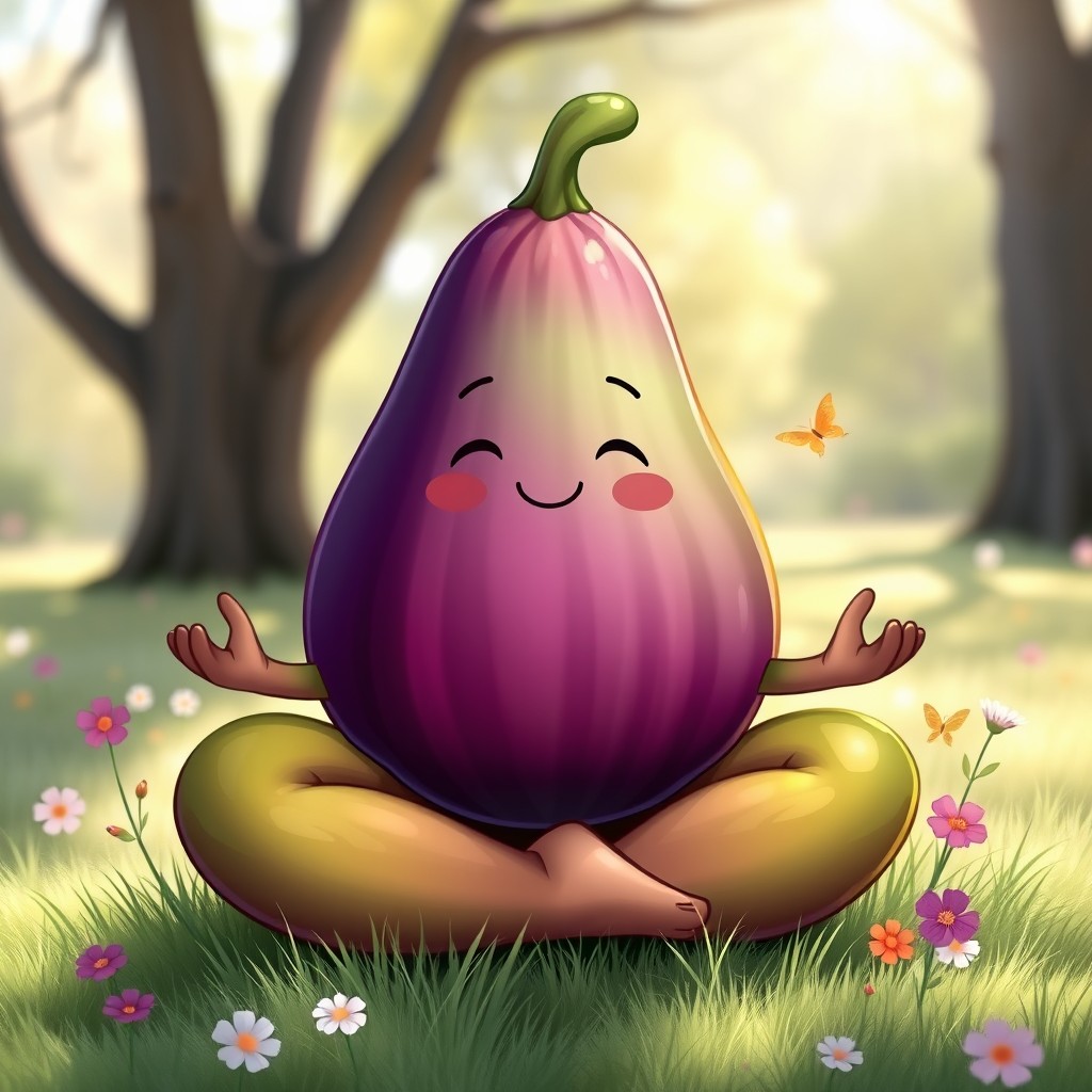 A whimsical illustration of a ripe fig character, anthropomorphized with a smiling face, sitting cross-legged in a yoga position, deeply meditating
