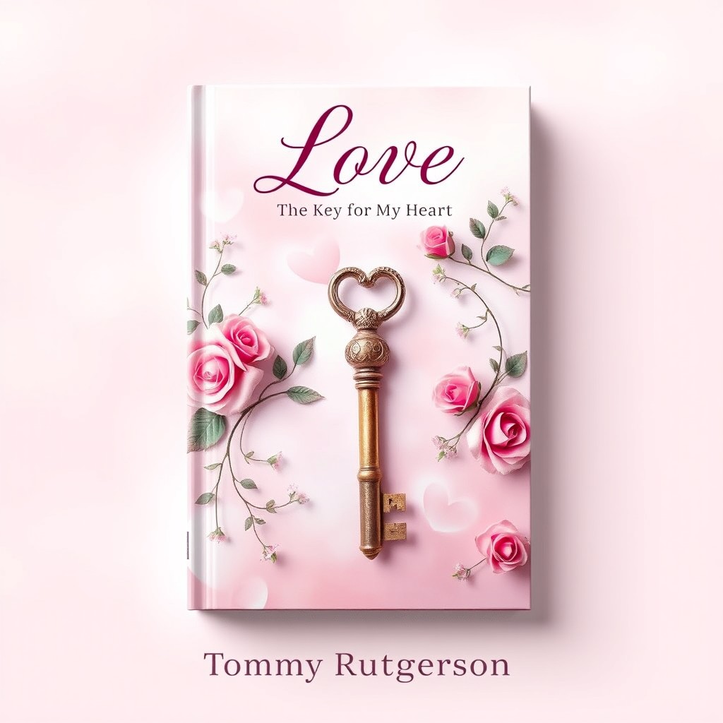 Design a captivating book cover featuring a beautifully detailed vintage key at the center, representing 'the key to my heart'