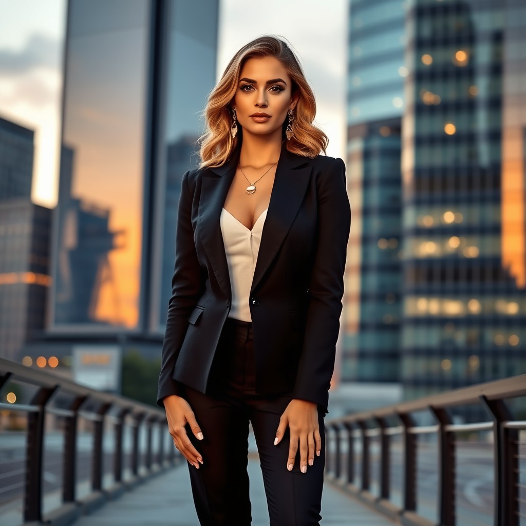 A stunning portrait of a confident and elegant woman standing in a stylish and modern urban setting