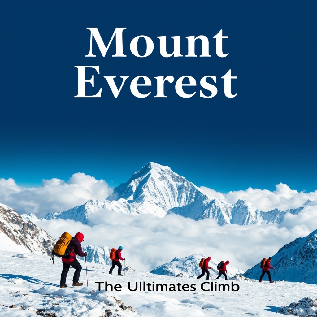 A dramatic cover page design for a presentation on Mount Everest, featuring a breathtaking view of the majestic mountain surrounded by clouds and a blue sky