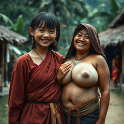 In a medieval Indonesian village, a young, very petite and malnourished Indonesian woman with decayed teeth is dressed in a long, fully-closed Buddhist robe
