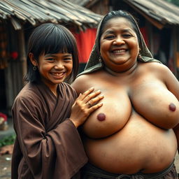 In a medieval Indonesian village, a young, very petite and malnourished Indonesian woman with decayed teeth is dressed in a long, fully-closed Buddhist robe