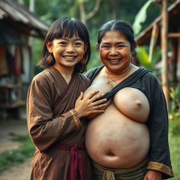 In a medieval Indonesian village, a young, very petite and malnourished Indonesian woman with decayed teeth is dressed in a long, fully-closed Buddhist robe