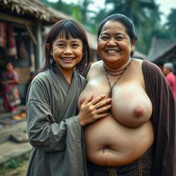 In a medieval Indonesian village, a young, very petite and malnourished Indonesian woman with decayed teeth is dressed in a long, fully-closed Buddhist robe
