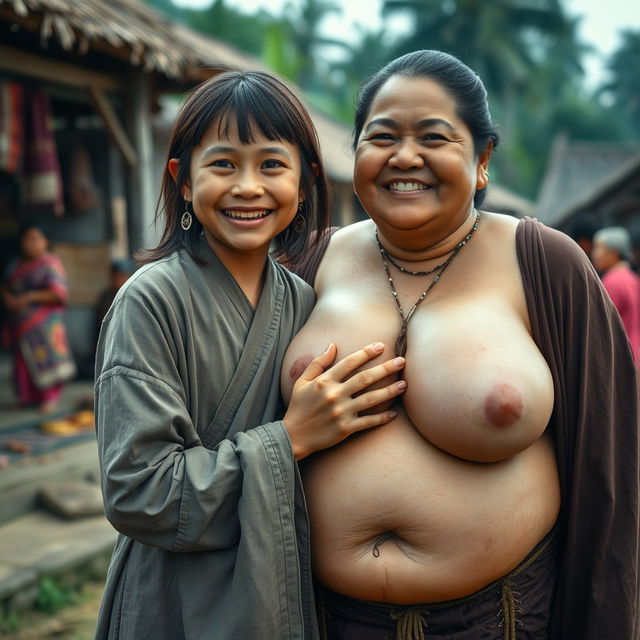 In a medieval Indonesian village, a young, very petite and malnourished Indonesian woman with decayed teeth is dressed in a long, fully-closed Buddhist robe