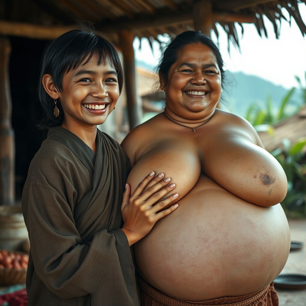 In a medieval Indonesian village, a young, very petite and malnourished Indonesian woman with decayed teeth is dressed in a long, fully-closed Buddhist robe