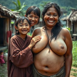 In a medieval Indonesian village, a young, very petite and malnourished Indonesian woman with decayed teeth is dressed in a long, fully-closed Buddhist robe
