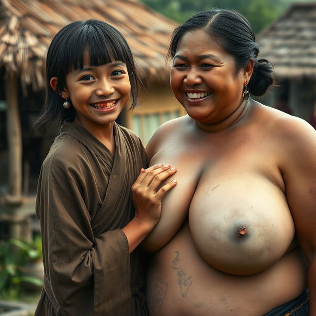In a medieval Indonesian village, a young, very petite and malnourished Indonesian woman with decayed teeth is dressed in a long, fully-closed Buddhist robe