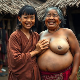 In a medieval Indonesian village, a young, very petite and malnourished Indonesian woman with decayed teeth is dressed in a long, fully-closed Buddhist robe