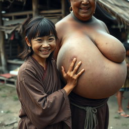 In a medieval Indonesian village, a young, very petite and malnourished Indonesian woman with decayed teeth is dressed in a long, fully-closed Buddhist robe