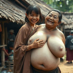 In a medieval Indonesian village, a young, very petite and malnourished Indonesian woman with decayed teeth is dressed in a long, fully-closed Buddhist robe