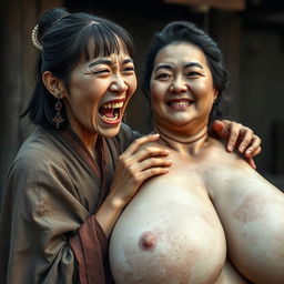 In a medieval Chinese village, a young Chinese woman, very short and emaciated, is depicted showing her decayed teeth while shouting loudly