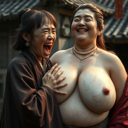 In a medieval Chinese village, a young Chinese woman, very short and emaciated, is depicted showing her decayed teeth while shouting loudly