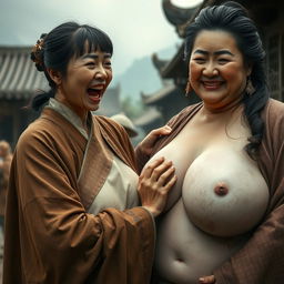 In a medieval Chinese village, a young Chinese woman, very short and emaciated, is depicted showing her decayed teeth while shouting loudly