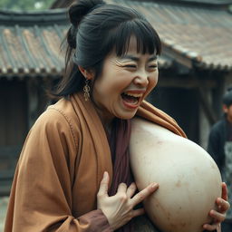 In a medieval Chinese village, a young Chinese woman, very short and emaciated, is depicted showing her decayed teeth while shouting loudly