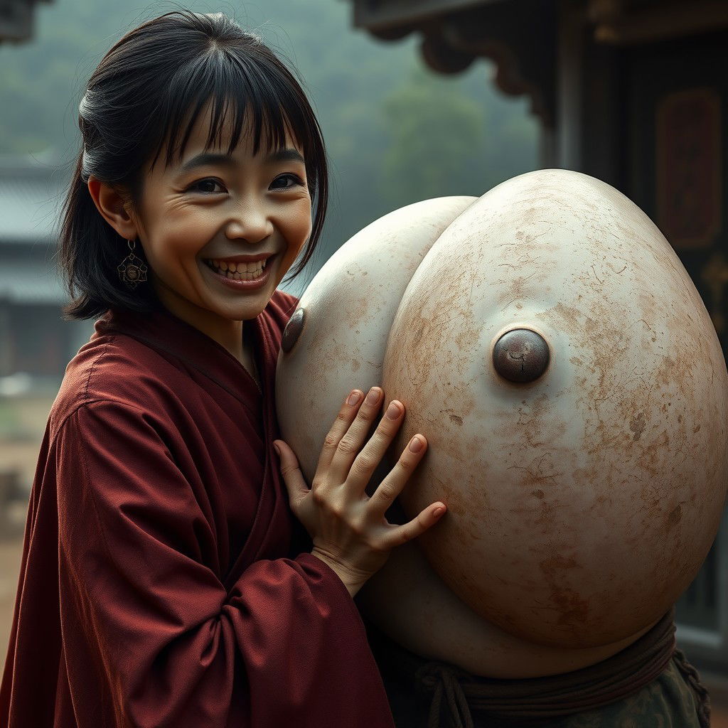 In a medieval Chinese village, a young Indonesian woman, very short and emaciated, is depicted showing her decayed teeth while wearing a long, fully closed Buddhist cloak