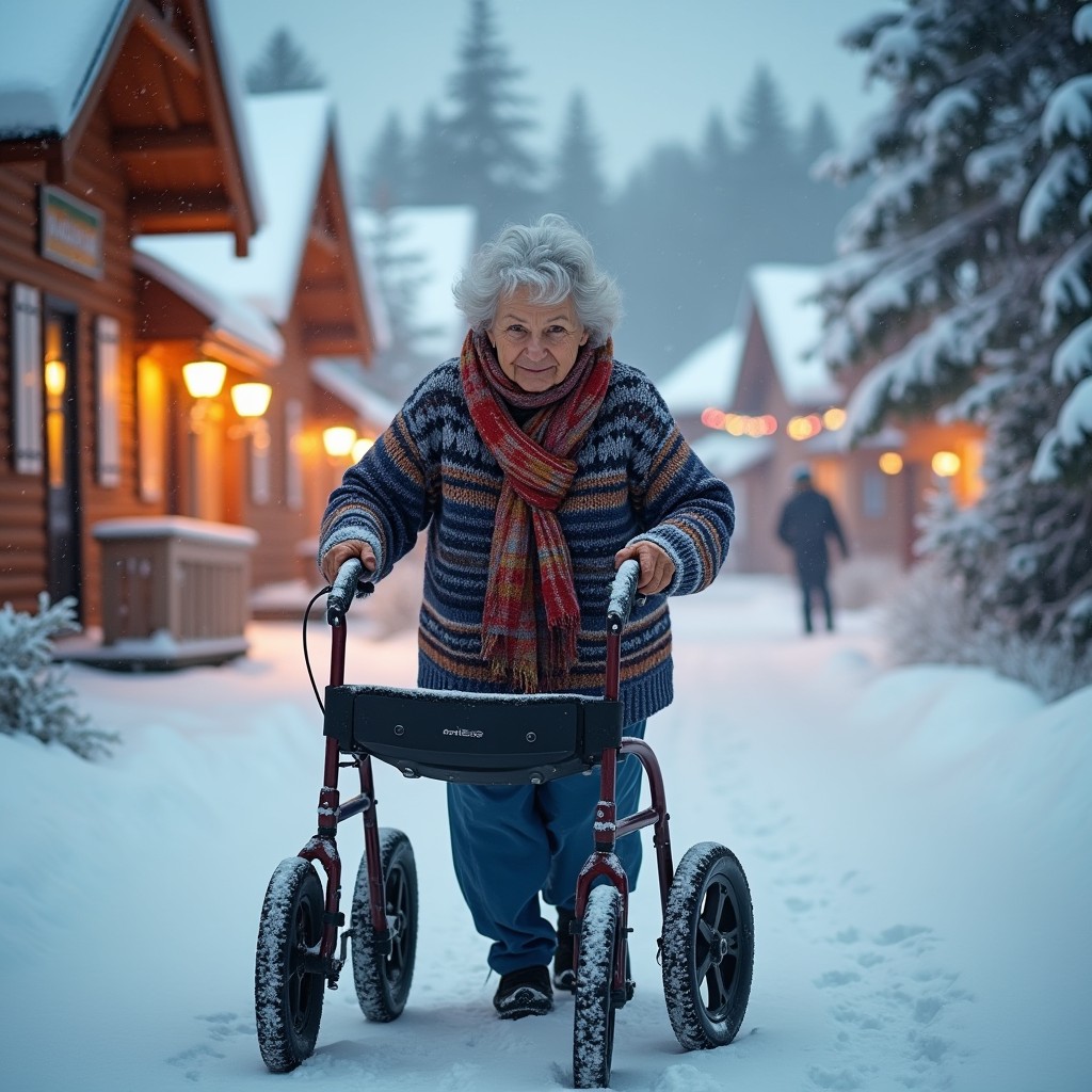 A Finnish grandmother with gray hair, wearing a warm knitted sweater and a colorful scarf, strolling through a picturesque Lapland town during a snowstorm