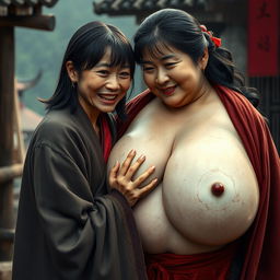 In a medieval Chinese village, a young Indonesian woman, very short and emaciated, is depicted showing her decayed teeth while wearing a long, fully closed Buddhist cloak