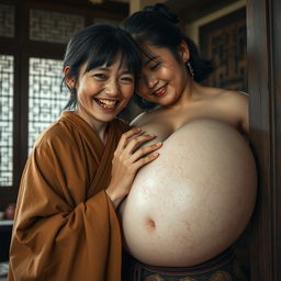In a medieval Chinese house, a young Indonesian woman, very short and emaciated, is depicted showing her decayed teeth while wearing a long, fully closed Buddhist cloak