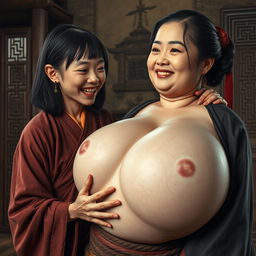 In a medieval Chinese house, a young Indonesian woman, very short and emaciated, is depicted showing her decayed teeth while wearing a long, fully closed Buddhist cloak