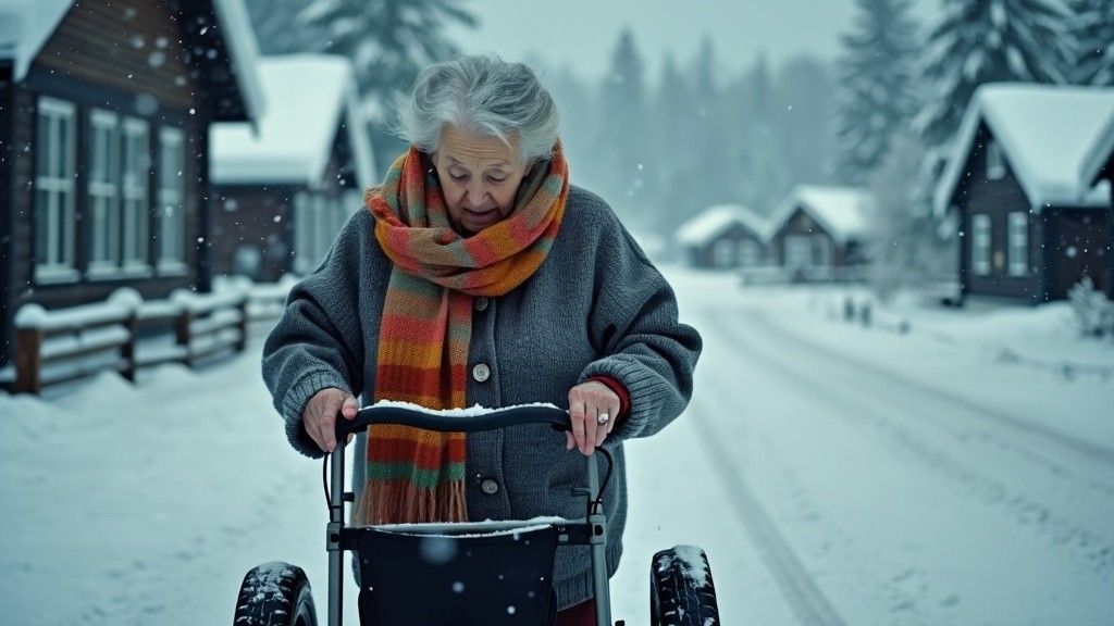 A cinematically moody establishing shot of a Finnish grandmother with gray hair, dressed in a warm knitted sweater and a vibrant scarf, navigating through a snowy Lapland town during a fierce snowstorm
